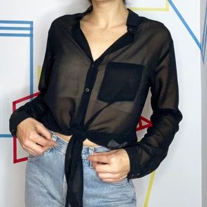 Garage Black Sheer Tie Up Botton Down Blouse